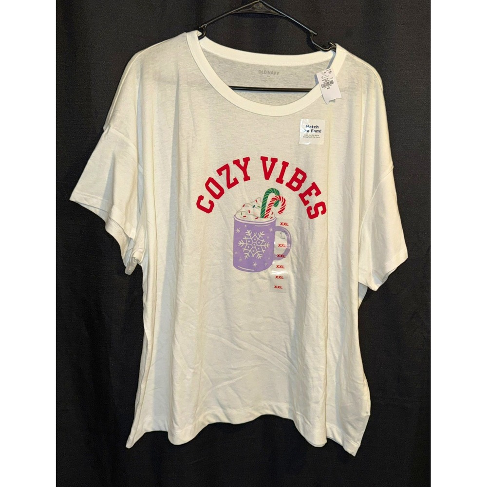 Old Navy Womens XXL Cozy Vibes Hot Cocoa Christmas Graphic Tee White Holiday NWT